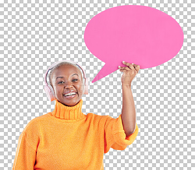 Buy stock photo Speech bubble, portrait and woman with headphones, space for social media forum or radio broadcast isolated on transparent png background. Happy african model show announcement of music subscription 