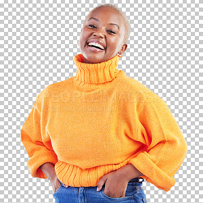 Buy stock photo Happiness, fashion portrait and black woman laughing at funny joke, humour and happy for cotton, wool or cashmere sweater. Comedy, trendy and cheerful African person on transparent, png background