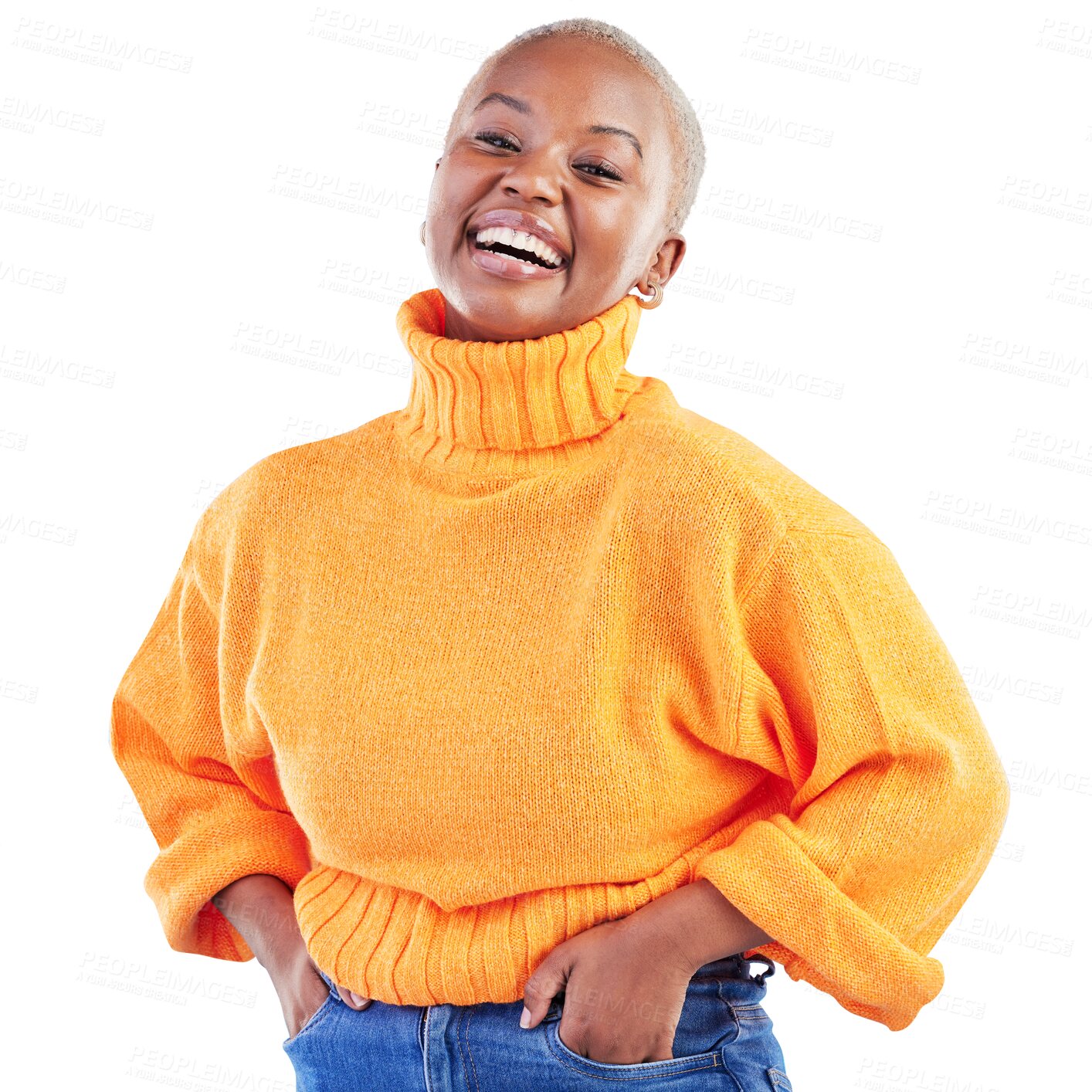 Buy stock photo Happiness, fashion portrait and black woman laughing at funny joke, humour and happy for cotton, wool or cashmere sweater. Comedy, trendy and cheerful African person on transparent, png background