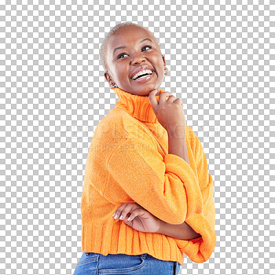 Buy stock photo Happiness, smile and black woman laughter for fashion joke, comedy and pride in trendy jersey, casual sweater or stylish apparel. Retail clothes, funny and African girl on transparent, png background