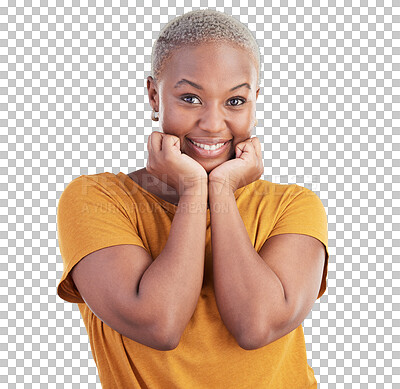 Buy stock photo Excited, smile and portrait of black woman with positive, good and confident facial expression. Happy, cute attitude and African model with sweet face isolated by transparent png background.