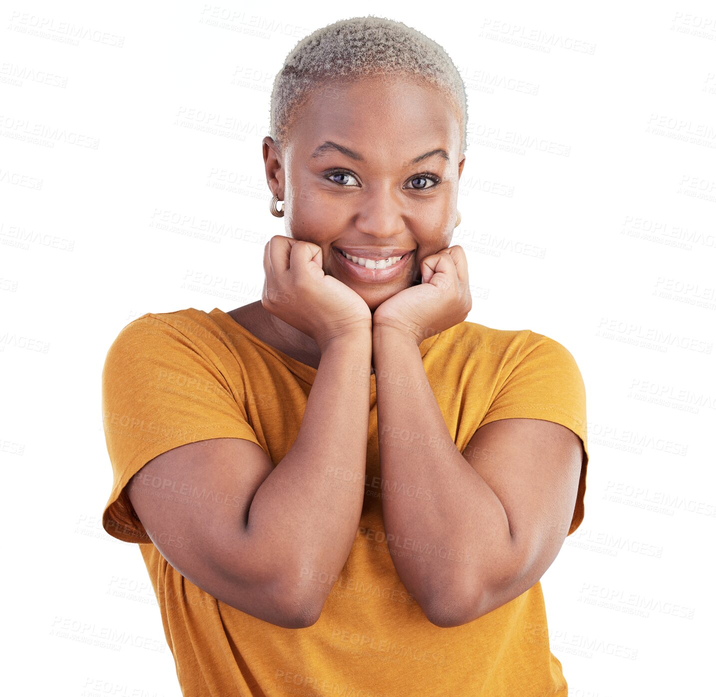 Buy stock photo Excited, smile and portrait of black woman with positive, good and confident facial expression. Happy, cute attitude and African model with sweet face isolated by transparent png background.