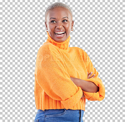 Buy stock photo Happiness, arms crossed and black woman laughing at fashion joke, comedy and pride in cotton, wool or sweater jersey. Retail clothes, goofy and African American model on transparent, png background