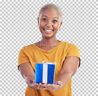 Buy stock photo Portrait, box and black woman giving gift, product or offer parcel on transparent, png background. Birthday, smile and African person with special present, Christmas holiday package or giveaway prize