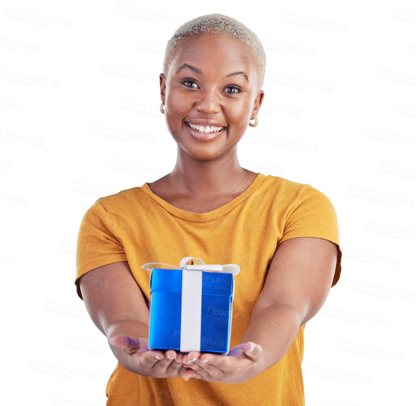 Buy stock photo Portrait, box and black woman giving gift, product or offer parcel on transparent, png background. Birthday, smile and African person with special present, Christmas holiday package or giveaway prize