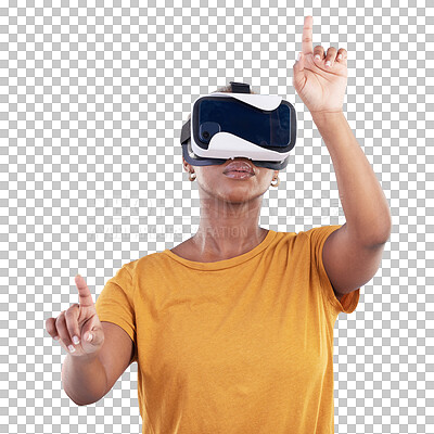 Buy stock photo VR, future and woman press with glasses for cyber innovation, video game and metaverse isolated on transparent png background. African model, virtual reality and high tech user experience for gaming 