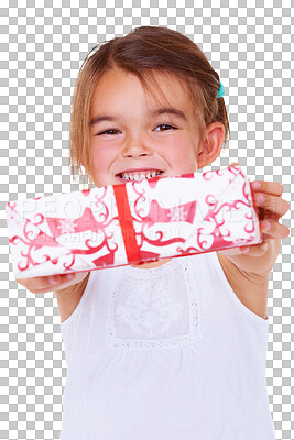 Buy stock photo Child, christmas and gift with portrait and smile from holiday and excited from present and celebration. Happy, box and ribbon with a young kid and package isolated on a transparent, png background