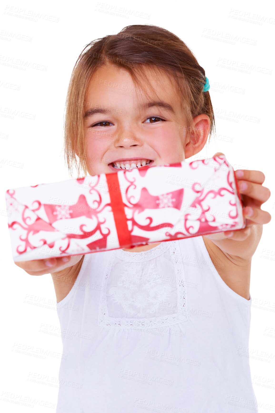 Buy stock photo Child, christmas and gift with portrait and smile from holiday and excited from present and celebration. Happy, box and ribbon with a young kid and package isolated on a transparent, png background