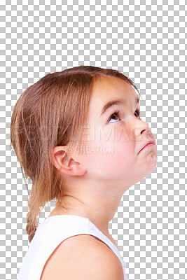 Buy stock photo Child, up and sad thinking with planning, doubt and confused profile with choice and ideas. Youth, young girl and curious kid with decision and wondering isolated on a transparent, png background