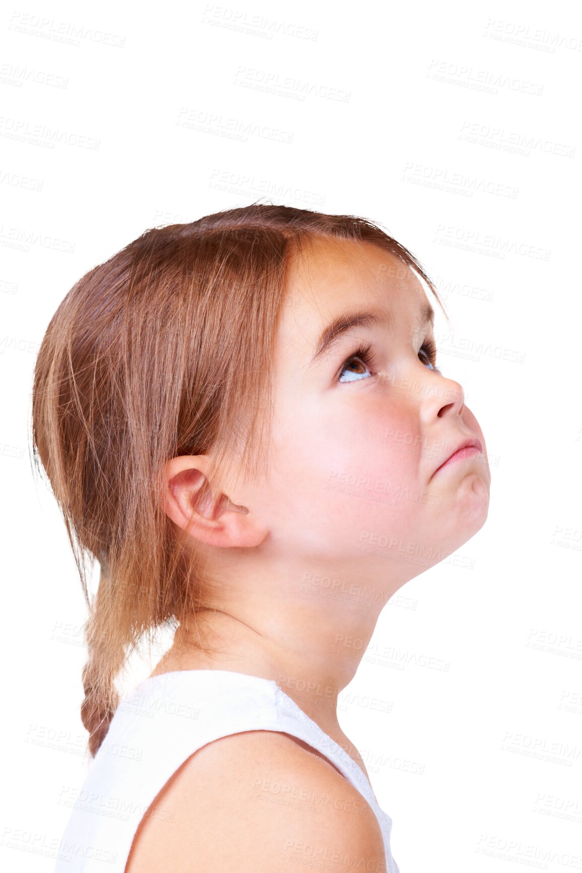 Buy stock photo Child, up and sad thinking with planning, doubt and confused profile with choice and ideas. Youth, young girl and curious kid with decision and wondering isolated on a transparent, png background