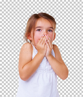 Buy stock photo Surprise, omg and face of child with shock on isolated, png and transparent background with fashion. Scared, facial expression and young girl with fear reaction for news, emoji and information