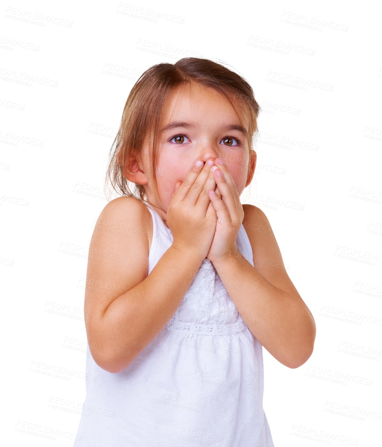 Buy stock photo Surprise, omg and face of child with shock on isolated, png and transparent background with fashion. Scared, facial expression and young girl with fear reaction for news, emoji and information