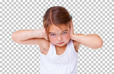 Buy stock photo Scared girl child closing ears in portrait for sound, fear or anxiety isolated on transparent png background. Stress, noise and audio, kid with hands on head in anger, pain or protest in childhood.