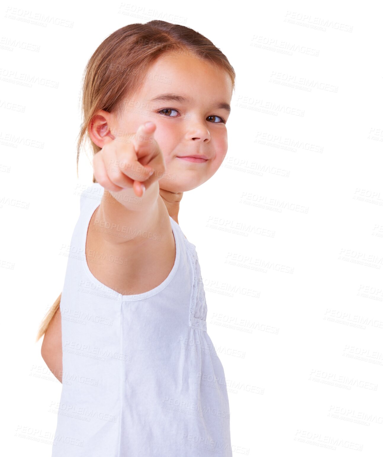 Buy stock photo Hand, portrait and child point at you, choosing or youth decision isolated on transparent, png background. Young, vote and kindergarten girl, model or finger direction choice, gesture or selection