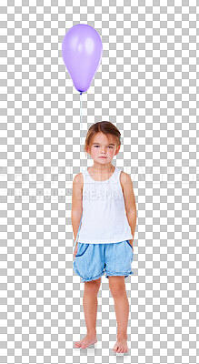 Buy stock photo Sad, birthday balloon and child portrait bored with casual fashion with celebration decoration. Young girl, serious face and depressed youth with style isolated on a transparent, png background