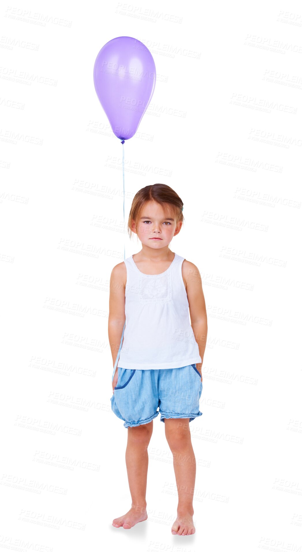 Buy stock photo Sad, birthday balloon and child portrait bored with casual fashion with celebration decoration. Young girl, serious face and depressed youth with style isolated on a transparent, png background