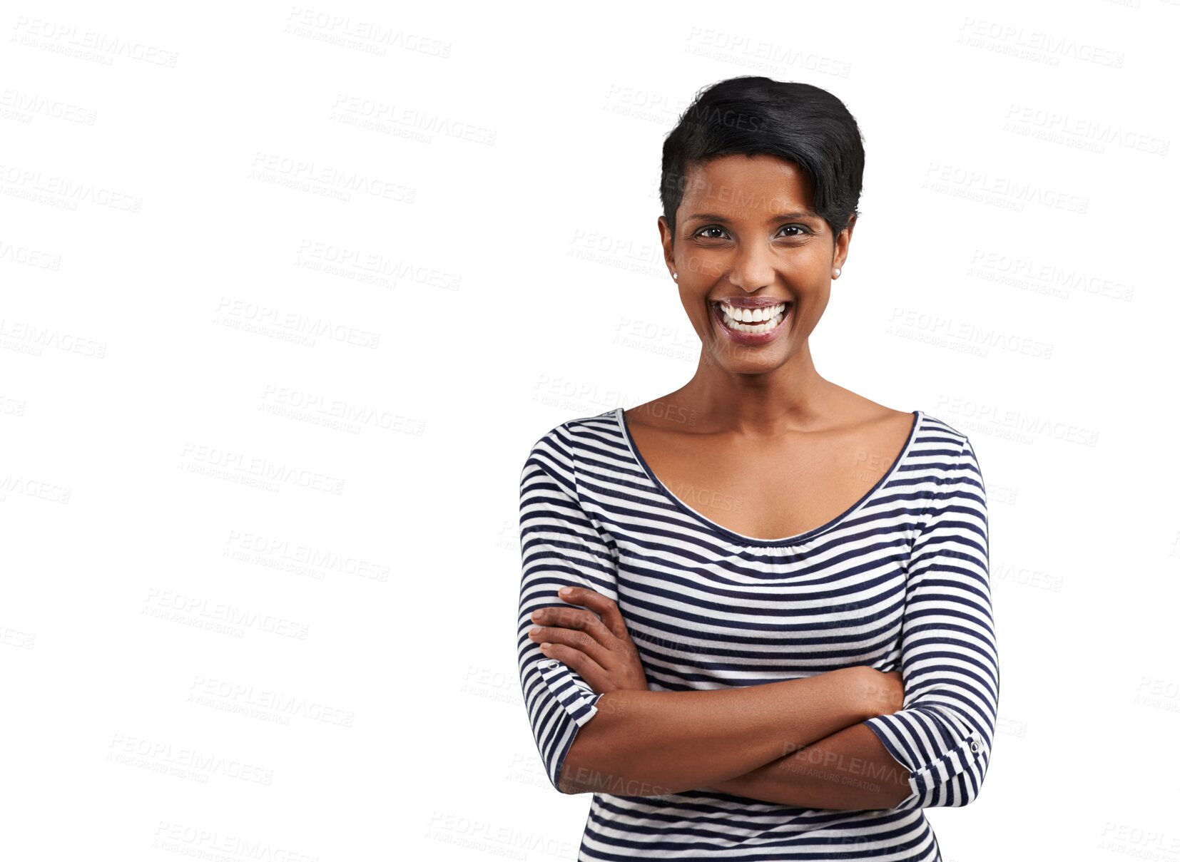 Buy stock photo Happy, woman and portrait with arms crossed and confidence with a smile and modern fashion. Excited, trendy style clothing and female person from India isolated on a transparent, png background