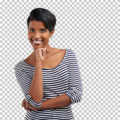 Buy stock photo Happy, woman and portrait with thinking and arms crossed and confidence with a smile and fashion. Idea, trendy style clothing and female person from India isolated on transparent, png background