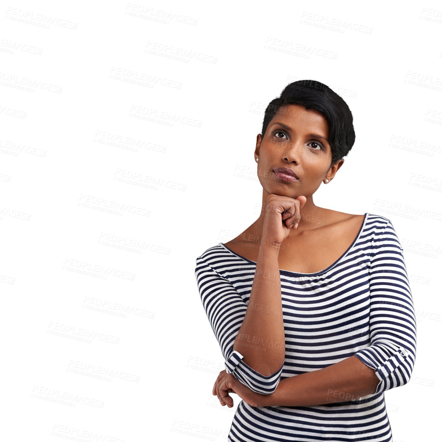 Buy stock photo Thinking, idea and Indian woman with question, wonder and inspiration on png or transparent background. Doubt, thoughtful and isolated person with problem solving, choice and decision for planning