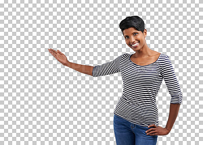 Buy stock photo Happy, woman portrait and hand presentation to information for promotion, sale and deal with smile. Offer, female person and announcement for marketing isolated on a transparent, png background