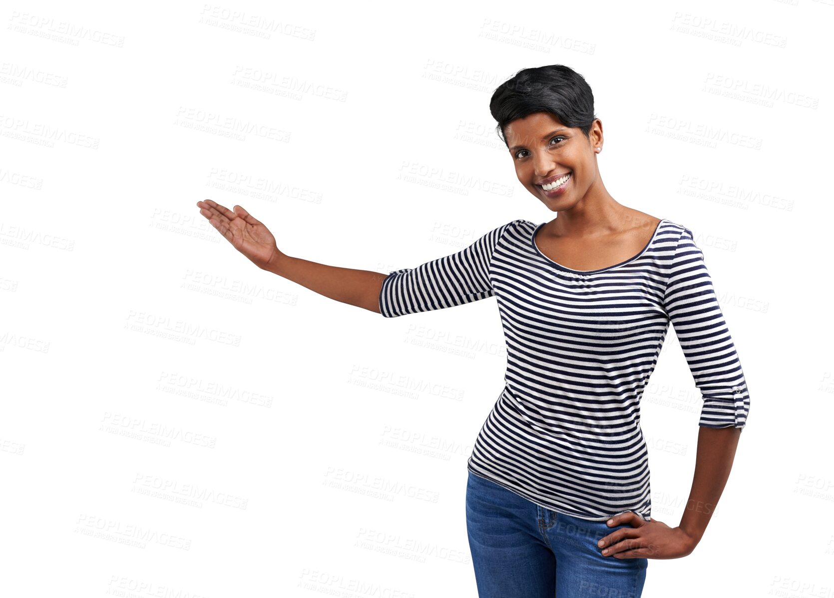 Buy stock photo Happy, woman portrait and hand presentation to information for promotion, sale and deal with smile. Offer, female person and announcement for marketing isolated on a transparent, png background