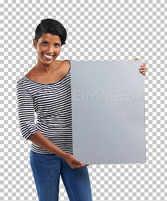 Buy stock photo Happy, woman portrait and billboard for mockup space for promotion, sale and deal with smile. Offer, female person and announcement sign for marketing isolated on a transparent, png background