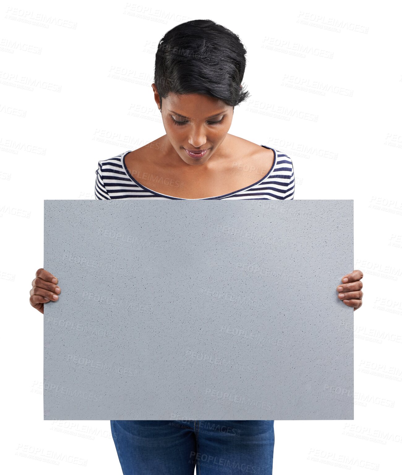 Buy stock photo Blank paper, woman and hand presenting mockup space for promotion, sale and deal with information. Offer, female person and announcement for marketing isolated on a transparent, png background