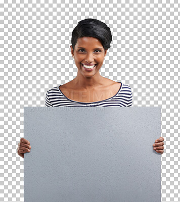 Buy stock photo Happy, woman portrait and blank sign for mockup space for promotion, sale and deal with smile. Offer, female person and announcement banner for marketing isolated on a transparent, png background