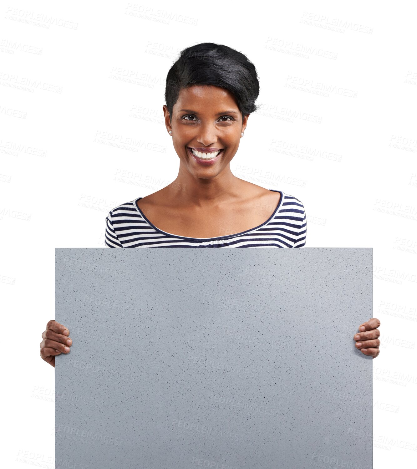 Buy stock photo Happy, woman portrait and blank sign for mockup space for promotion, sale and deal with smile. Offer, female person and announcement banner for marketing isolated on a transparent, png background