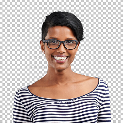 Buy stock photo Happy, confidence and portrait of Indian woman with glasses on isolated, png and transparent background. Fashion, excited and face of person with joy, happiness and smile in trendy clothes or style