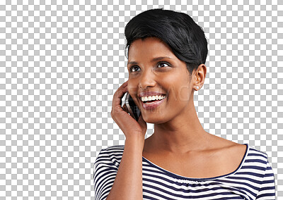 Buy stock photo Phone call, talking and happy Indian woman for conversation on png and transparent background. Communication, networking and isolated person on cellphone for chatting online, contact and connection