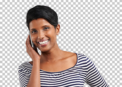 Buy stock photo Phone call, talking and portrait of happy Indian woman for on png and transparent background. Communication, networking and isolated person on cellphone for chatting online, contact and conversation