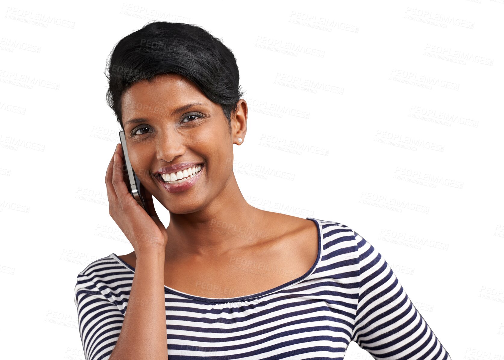 Buy stock photo Phone call, talking and portrait of happy Indian woman for on png and transparent background. Communication, networking and isolated person on cellphone for chatting online, contact and conversation