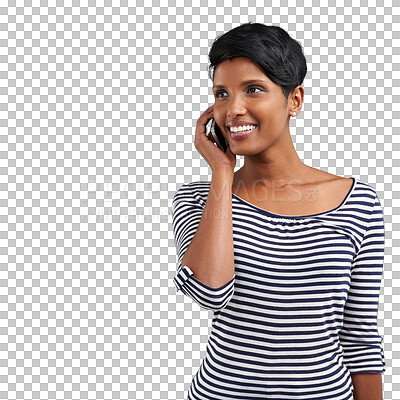 Buy stock photo Phone call, hello and happy Indian woman for conversation on png and transparent background. Communication, networking and isolated person on cellphone for chatting online, contact and connection