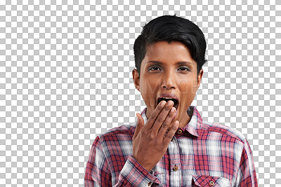 Buy stock photo Portrait, yawn and woman tired, fatigue and exhausted burnout on transparent, png background. Insomnia problem, sleepy and face of bored Indian person with low energy, sleepless and cover mouth