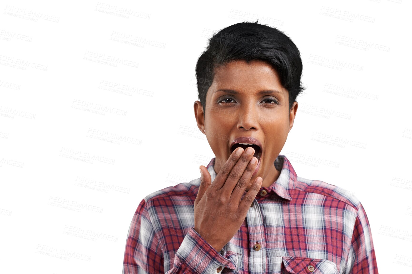 Buy stock photo Portrait, yawn and woman tired, fatigue and exhausted burnout on transparent, png background. Insomnia problem, sleepy and face of bored Indian person with low energy, sleepless and cover mouth