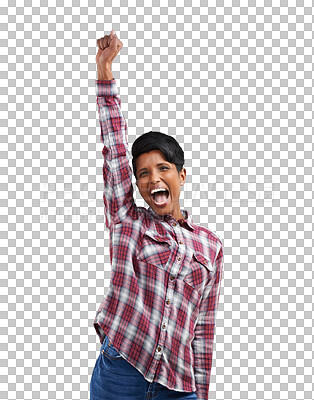 Buy stock photo Excited, celebration and portrait of Indian woman with fist pump on png or transparent background. Winner, success and isolated person with hand gesture for good news, winning prize and achievement