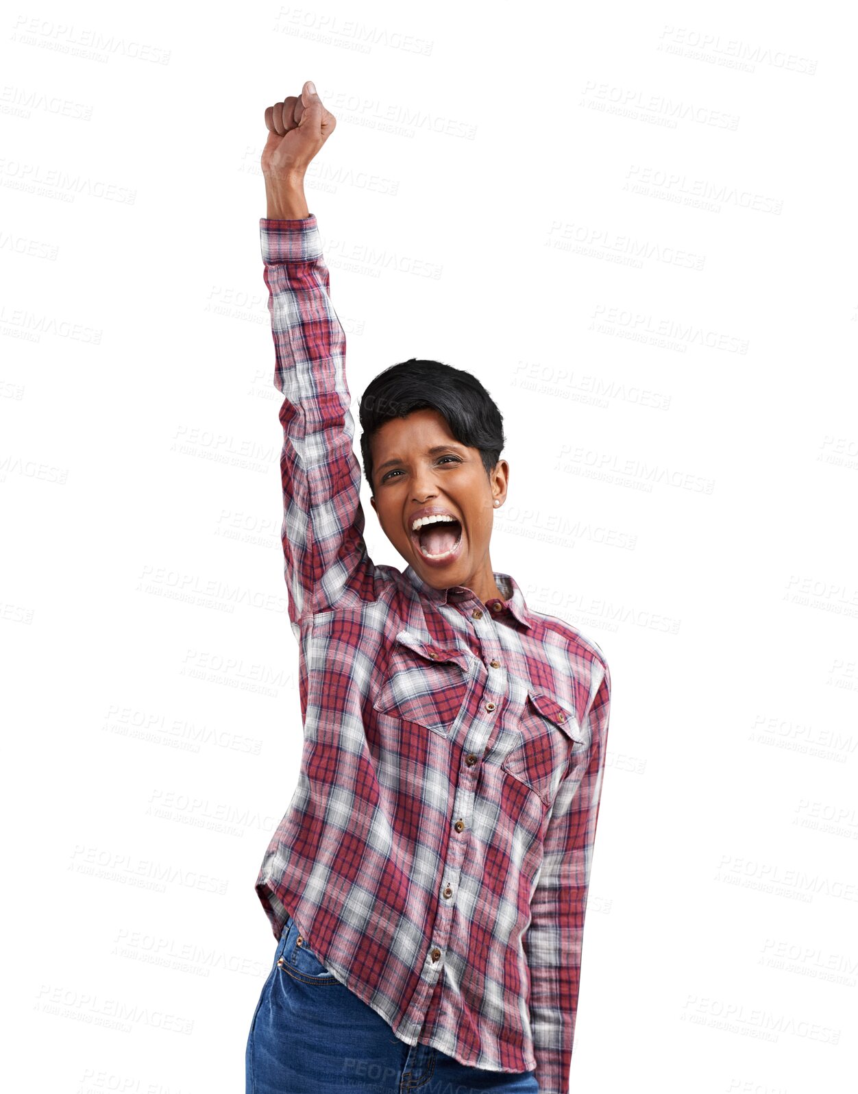 Buy stock photo Excited, celebration and portrait of Indian woman with fist pump on png or transparent background. Winner, success and isolated person with hand gesture for good news, winning prize and achievement