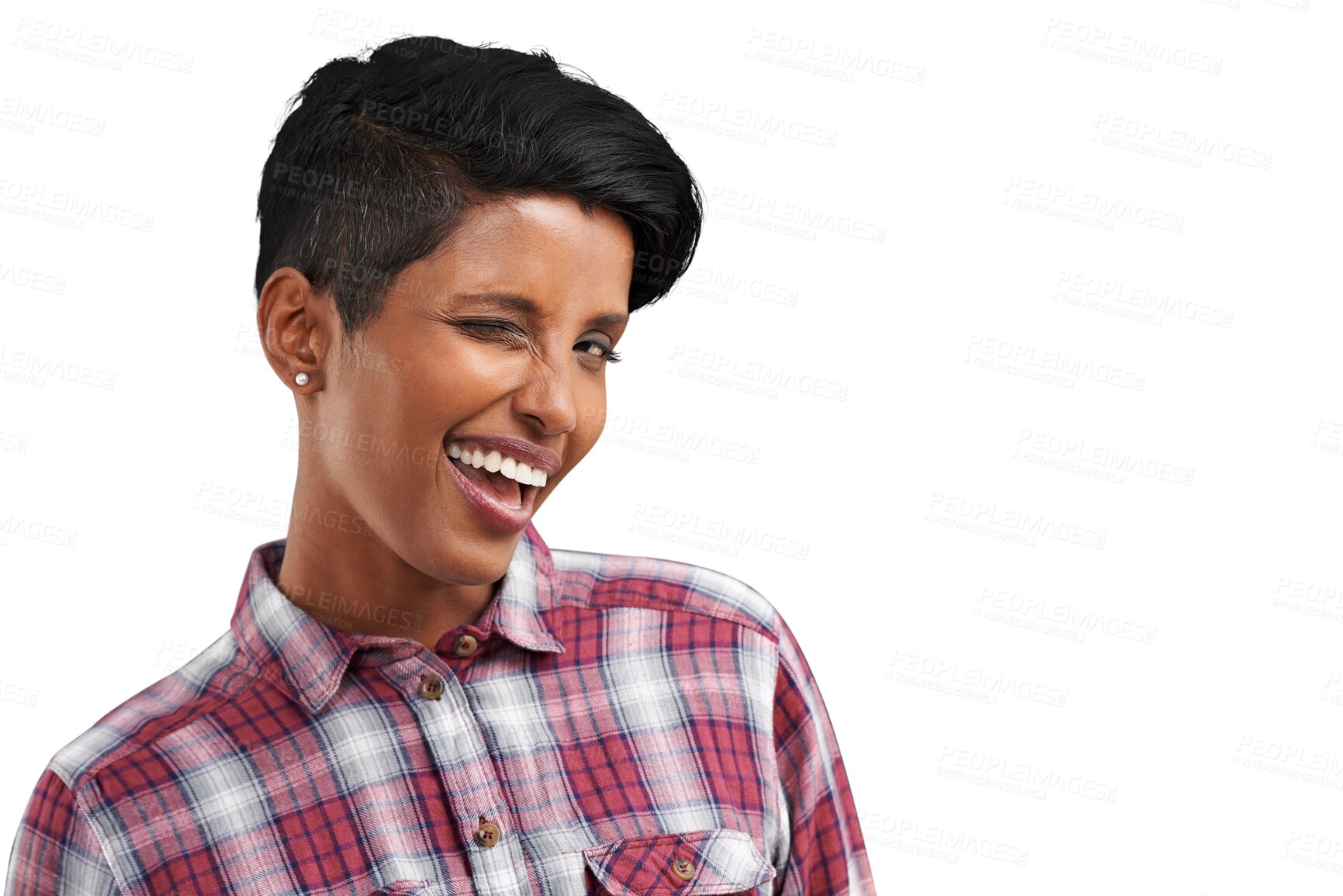 Buy stock photo Happy, wink and portrait of Indian woman with emoji on isolated, png and transparent background. Fashion, excited and face of person with joy, happiness and confidence in trendy clothes or style
