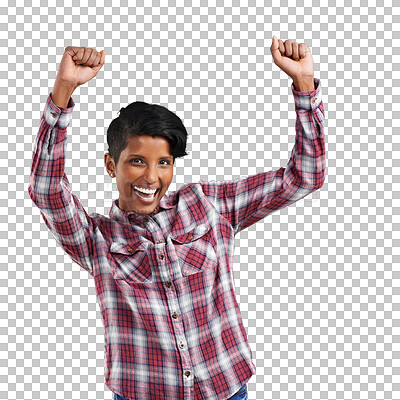 Buy stock photo Portrait of happy woman, dance and celebrate isolated on transparent png background with smile on face. Success, moving to music and achievement, excited girl with winning attitude and fun energy.