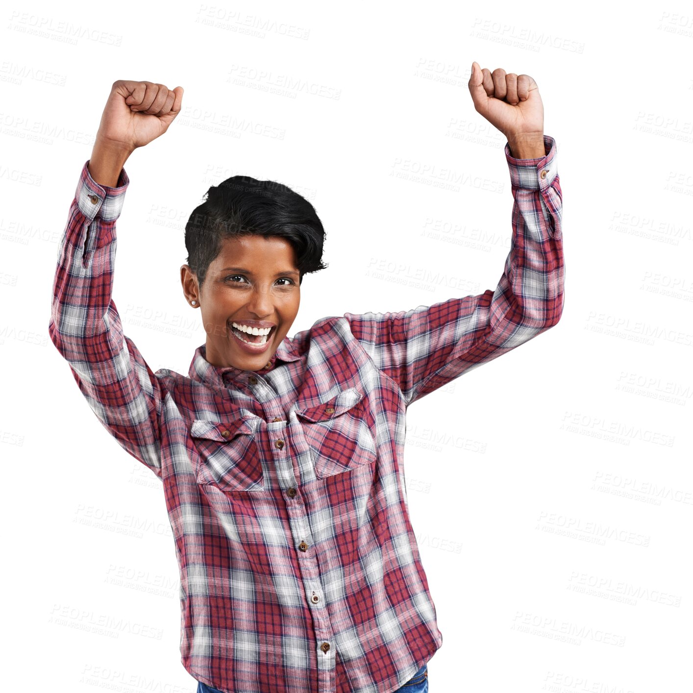 Buy stock photo Portrait of happy woman, dance and celebrate isolated on transparent png background with smile on face. Success, moving to music and achievement, excited girl with winning attitude and fun energy.