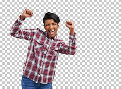 Buy stock photo Portrait of happy woman, dancing and celebration isolated on transparent png background with smile on face. Success, moving to music and achievement, excited girl with winning attitude and fun energy