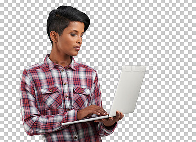 Buy stock photo Laptop, typing and woman reading internet information, online shopping or search website blog, media or social network. Computer, research and person check email on transparent, png background 