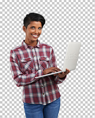 Buy stock photo Laptop, portrait and happy woman typing internet information, online shopping or search website blog, media or web. Computer, happiness and Indian person check email on transparent, png background 