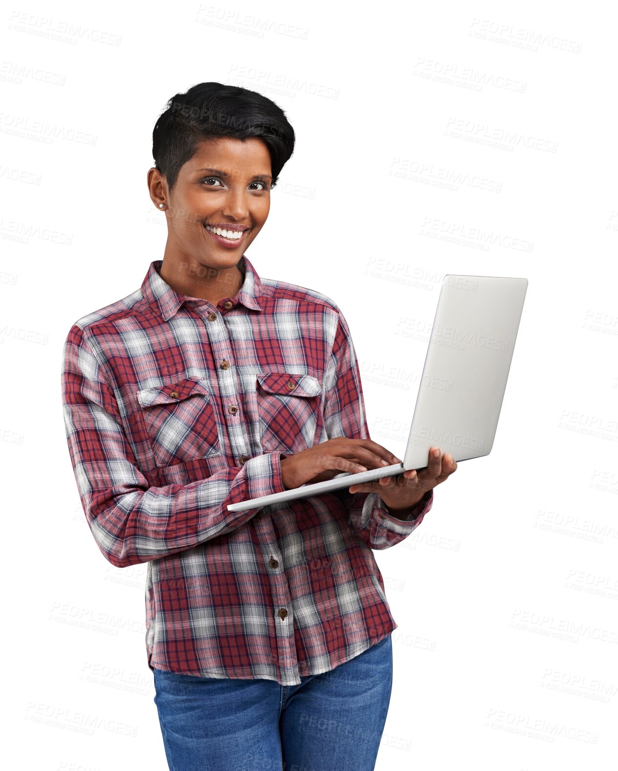 Buy stock photo Laptop, portrait and happy woman typing internet information, online shopping or search website blog, media or web. Computer, happiness and Indian person check email on transparent, png background 