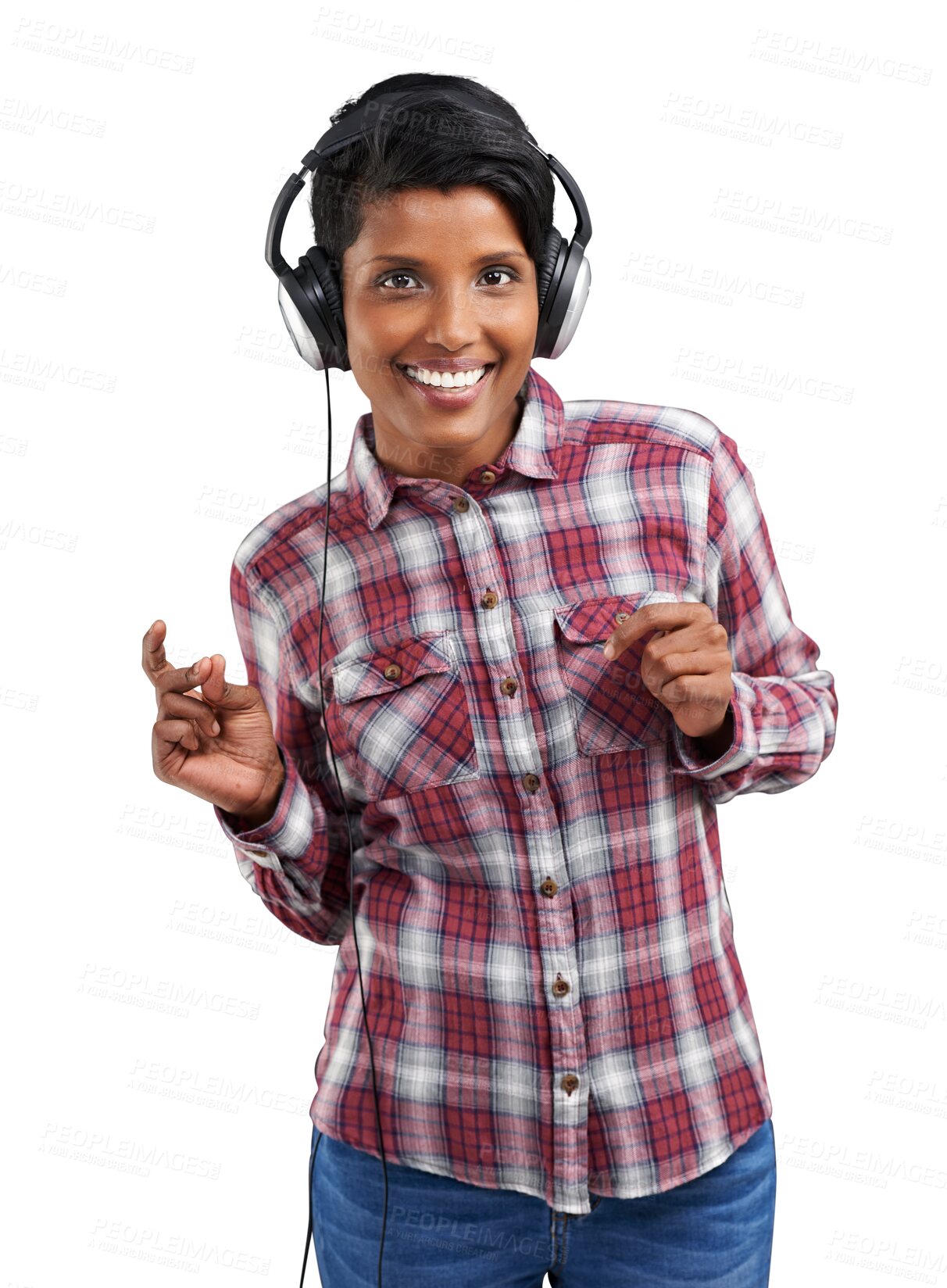 Buy stock photo Portrait of happy woman, headphones and dance isolated on transparent png background with smile on face. Technology, streaming music and online radio service, girl with audio attitude and fun energy