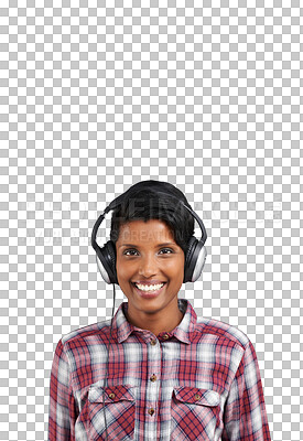 Buy stock photo Headphones, portrait and happy woman listening to music playlist, wellness song track or smile for radio network. Audio sound, isolated or Indian girl streaming podcast on transparent, png background