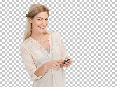 Buy stock photo Phone, happy and portrait of woman typing online for social media on png and transparent background. Communication, networking and isolated person on cellphone for chatting, contact and text message