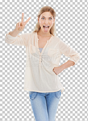 Buy stock photo Woman with peace sign, crazy face and isolated on transparent png background with funny emoji. Happiness, smile and student girl with v hand gesture in agreement, yes and positive opinion in portrait