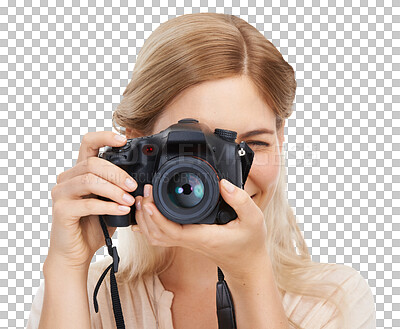 Buy stock photo Isolated photographer woman, camera and shooting with smile, creativity and art by transparent png background. Girl, photography and journalist job for newspaper, magazine and paparazzi photoshoot